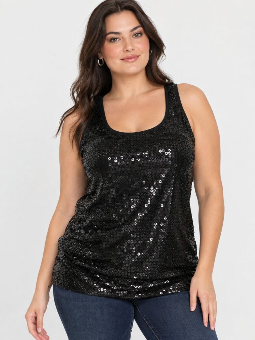 N.W.D. New Woman Design Sequin Tank Top Women's XXL Black Sleeveless Stretch Top
